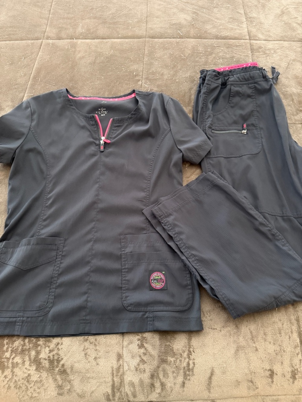 Gray Scrub Top and Pants with Pink Trim